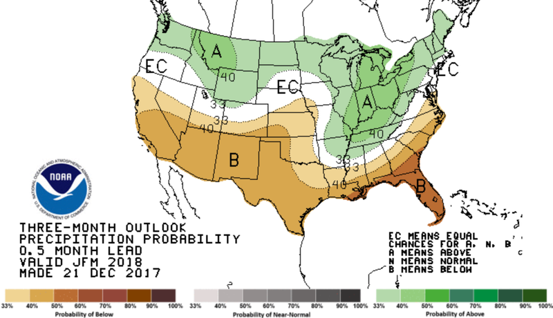 The three-month precipitation outlook ain’t looking so good for California. Image: NOAA